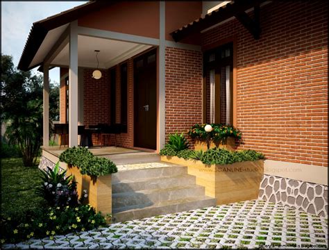 Contoh teras rumah perkampungan / pemanfaatan batu alam sebagai pengganti keramik dinding. Teras Rumah Depan | Gallery Taman Minimalis