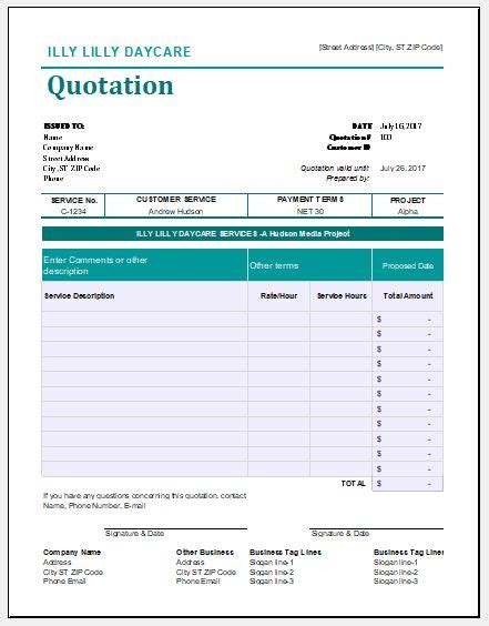 Day Care Quotation Templates For Ms Excel Word And Excel Templates