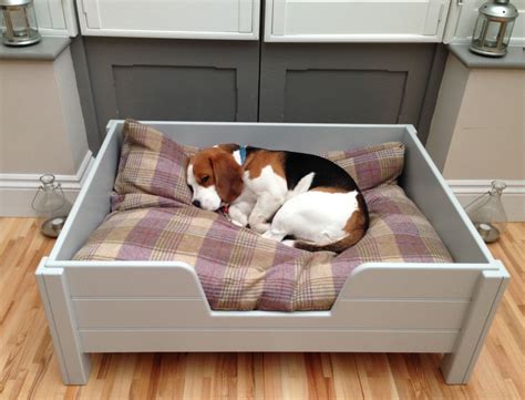 Luxury Raised Wooden Dog Bed With Grey Tongue And Groove Panelling From