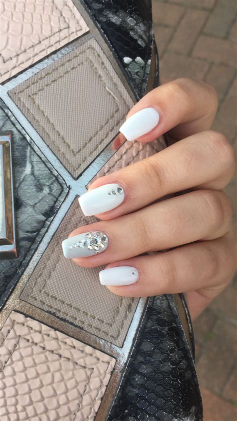 White Gel Extension Nails With Clear Crystals Gel Nail Extensions