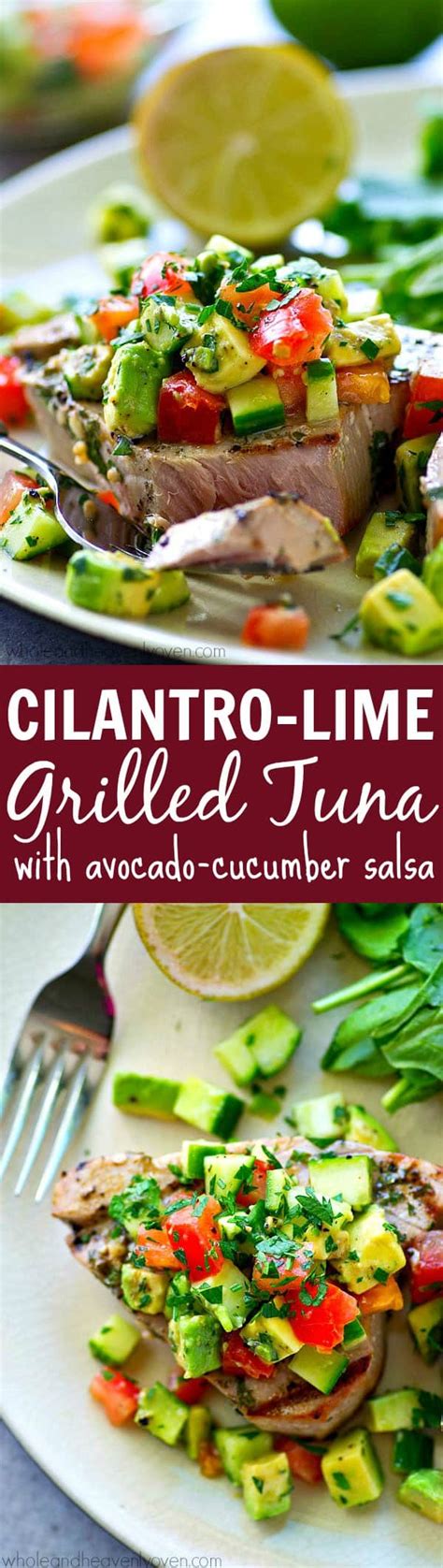 The avocado salsa is creamy, zesty from the lime juice and red wine vinegar, slightly spicy from the to make the avocado salsa: Cilantro Lime Grilled Tuna Avocado Cucumber Salsa