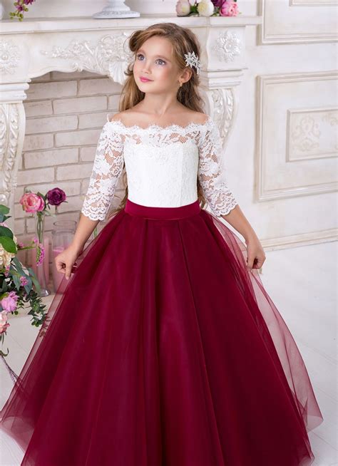 Ivory Flower Girl Dress Tulle Dress A Line Lace Flower Girl Burgundy 2