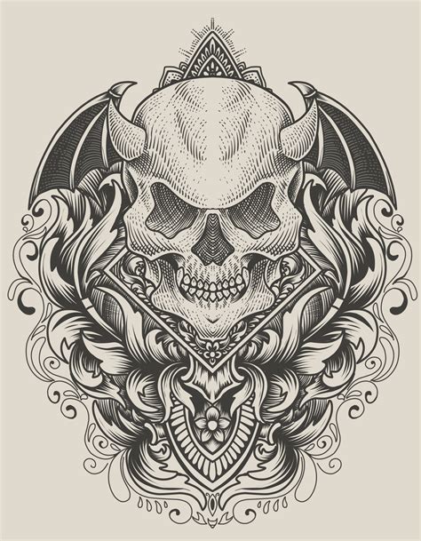 Illustration Demon Skull With Engraving Ornament Style 5026584 Vector