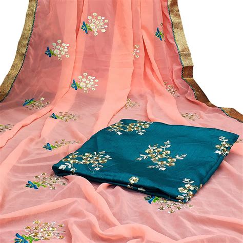 Buy Trendy Peach Colored Partywear Embroidered Faux Georgette Saree For