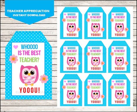 Owl Teacher Appreciation Gift Tag Instant Download Teacher Etsy