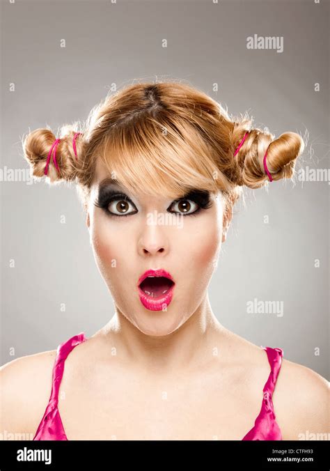 Close Up Portrait Of Cute Blond Woman With A Astonish Expression Stock