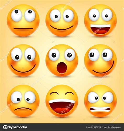 Smiley Emoticons Set Yellow Face With Emotions Facial Expression 3d Realistic Emoji Funny