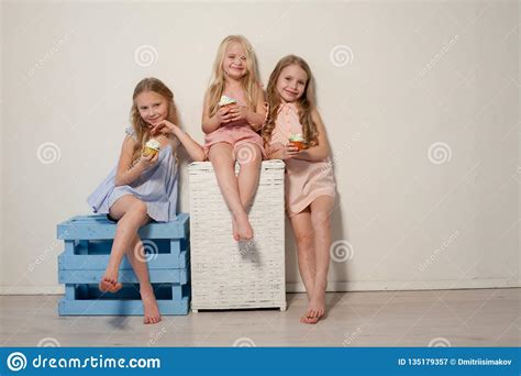 Three Girlfriends Sisters Eat Sweet Lollipop Candy Stock Image Image