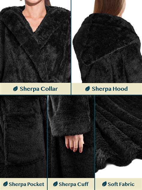 Pavilia Women Hooded Plush Soft Robe Fluffy Warm Fleece Sherpa Shaggy Bathrobe S M Black