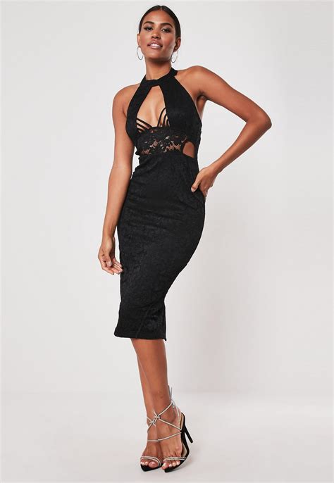 Black Lace Halter Cut Out Side Midi Dress | Missguided