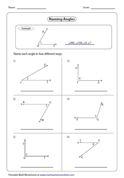 Identifying Parts and Naming Angles Worksheets