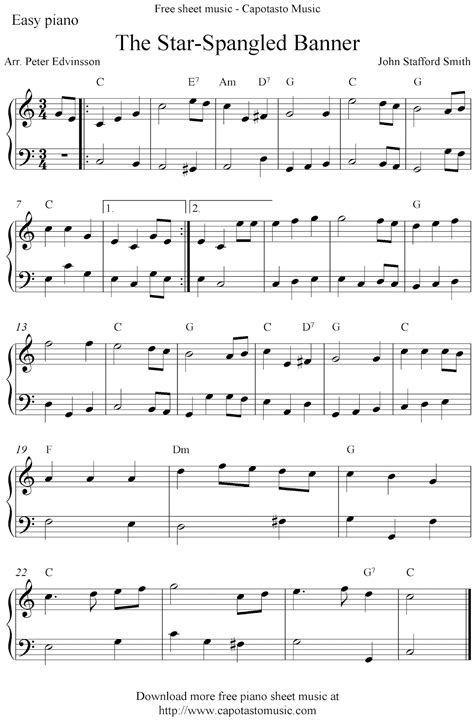 Free Easy Piano Sheet Music Score The Star Spangled Banner