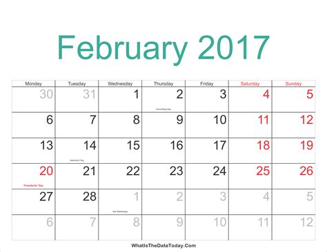 February 2017 Calendar Printable With Holidays Whatisthedatetodaycom