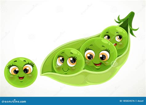 Cute Little Cartoon Emoji Green Peas In A Pod Isolated On White Stock