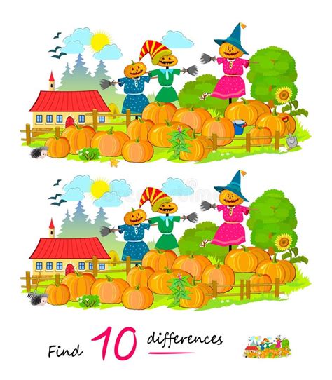Find 10 Differences Illustration Of Garden Scarecrows With Pumpkins