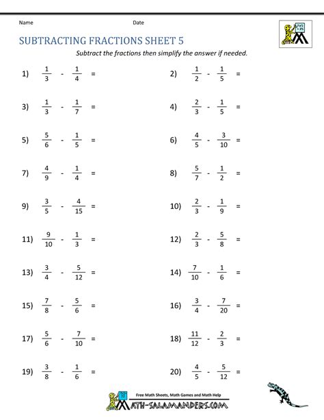 Free Printable Subtracting Fractions Worksheets
