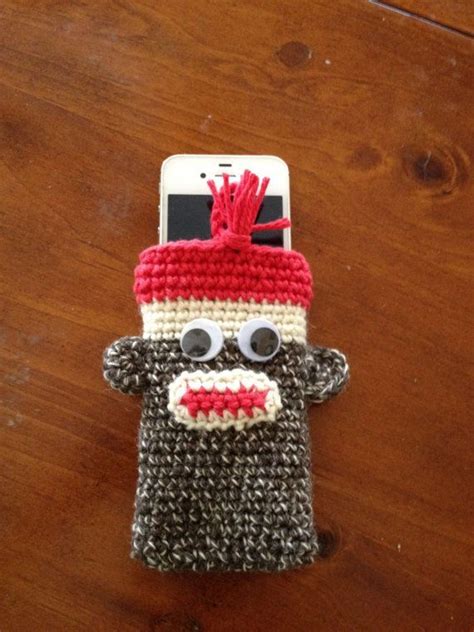 Sock Monkey Cell Phone, iPod Touch Crocheted Case with Red Top and Red