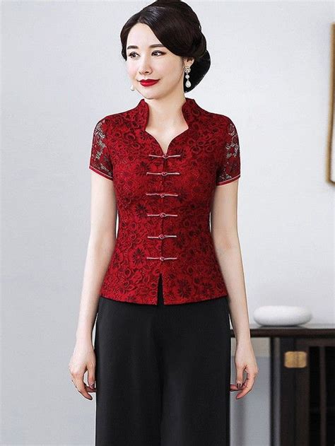 Red Lace Qipao Cheongsam Blouse Top Cozyladywear Batik Fashion Fashion Outfits Myanmar