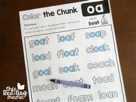 There are two different exercises that ask your student to determine the correct vowel team to make a word. Long o Vowel Team Color the Chunk Page - This Reading Mama