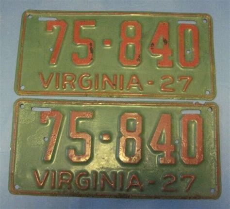 1927 Virginia License Plates Matched Pair older repaint DMV clear for