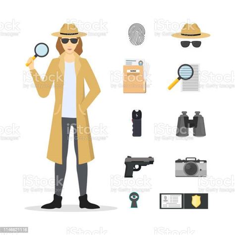 Cartoon Character Female Detective And Icon Set Vector Stock
