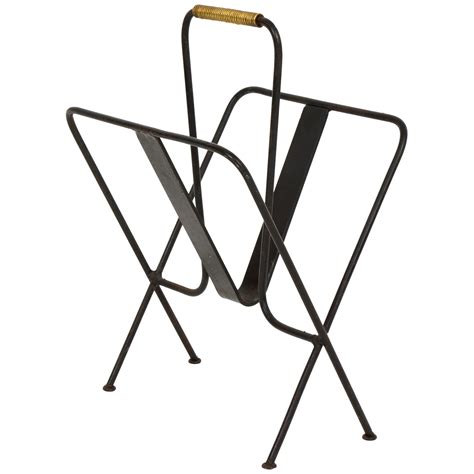 Jacques Adnet Magazine Rack In Wrought Iron And Green Leather From The