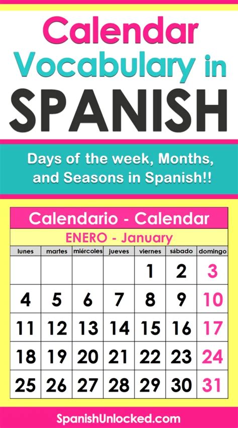 Calendar In Spanish Learn Spanish Days Of The Week Months And
