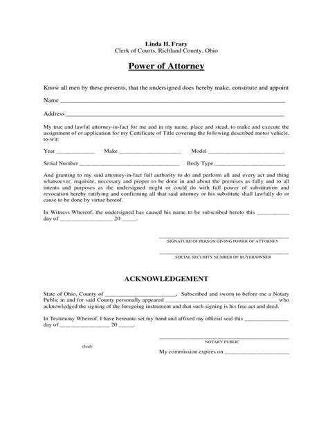 Motor Vehicle Power Of Attorney Ohio Free Download