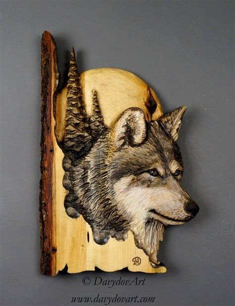 Wolf With Moon And Pines Handcarved In Wood By Etsy Wood Carving
