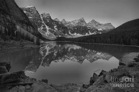 Moraine Lake Sunrise Reflections Over The Rocks Black And White