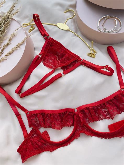 red open cup lingerie set lace open cup bra crotchless etsy