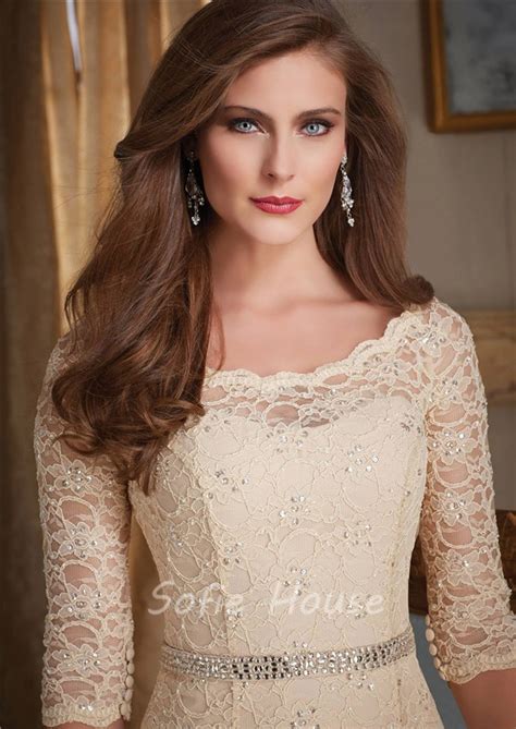 Bateau Neckline Long Champagne Chiffon Lace Mother Of The Bride Evening