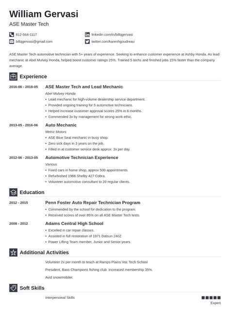 The resume uses a job title line that highlights the gm and ase master. mechanic resume example template iconic in 2020 | Automotive technician, Resume examples, Job ...