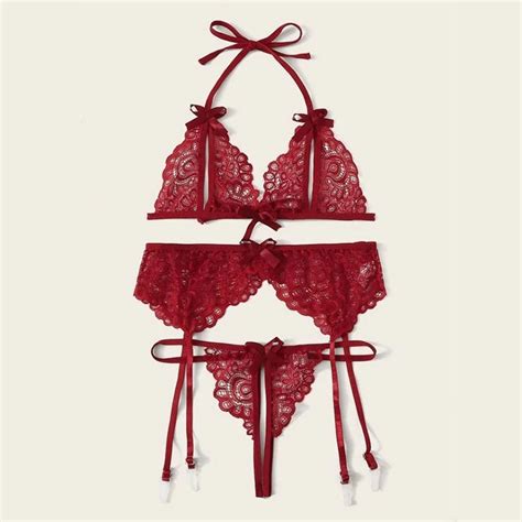 3pcs sexy red sheer floral lace halter bowknot bikini lingerie bra thong set with garter n20715