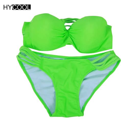 Hycool Women Bathing Suits Bandage Swimsuit Neon Green Women Sexy Bikini Set Bandeau Padded Push
