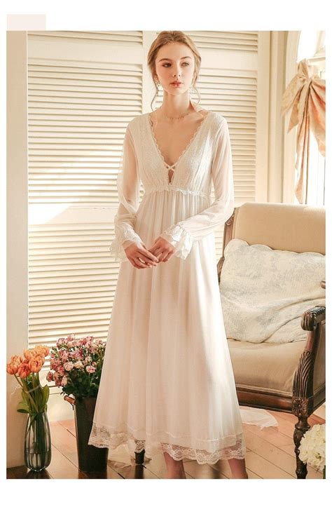 Ladies Nightgown Lace Long Nightdress Vintage Woman Lace Sleeve Summer
