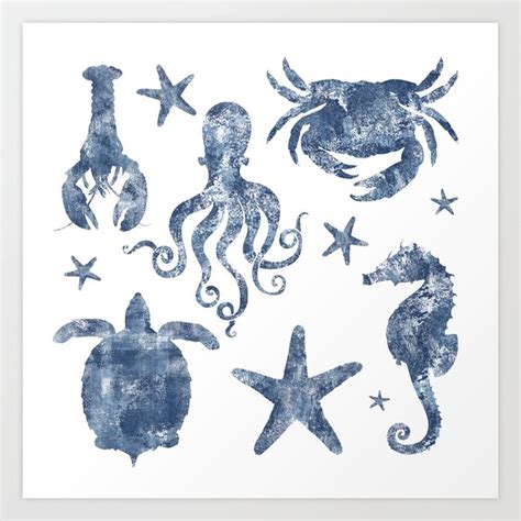 Delft Blue Nautical Marine Life Pattern Coastal Beach Art Print By