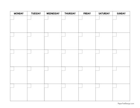 Monday Start Blank Calendar Template Paper Trail Design