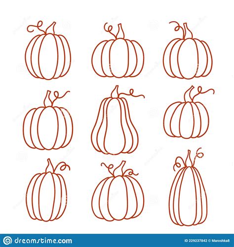 Set Of Outline Pumpkins In Various Shapes Stock Vector Illustration