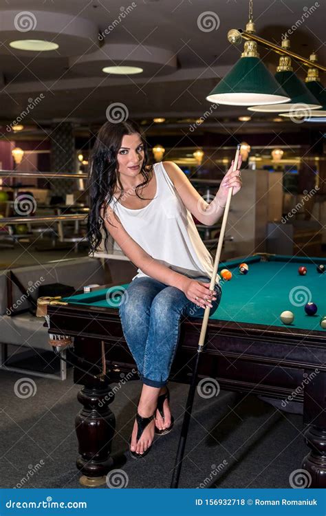 Beautiful Brunette Sitting On Billiard Table With Cue Stock Photo Image Of Evening Beauty
