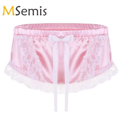 Mens Sissy Lingerie Satin Panties For Men Shiny Ruffled Lace Floral Bowknot Briefs Gay Underwear