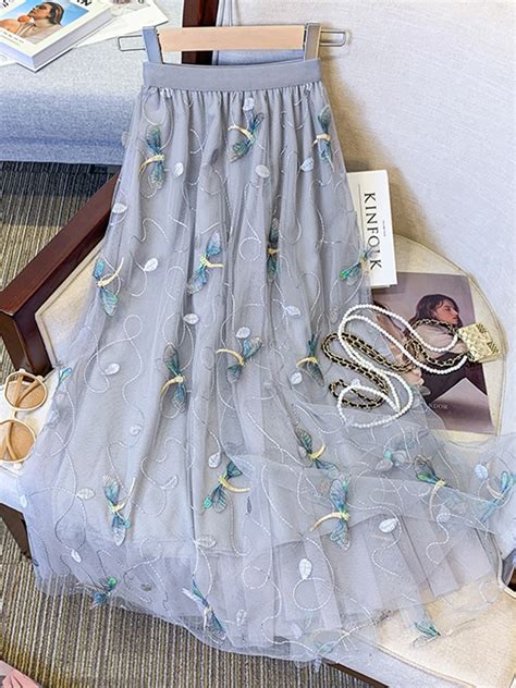 Tigena Dragonfly Embroidery Tulle Long Skirt Women Spring Summer