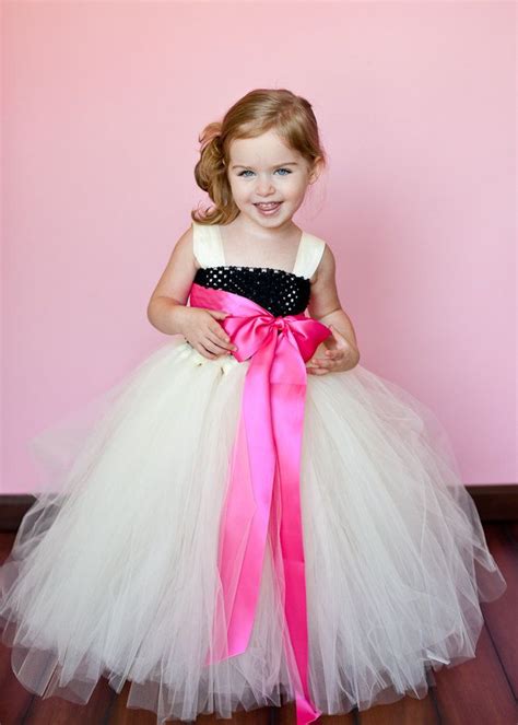 Flower Girl Tutu Dress In Ivory And Black With Hot Pink 8500 Via