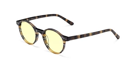 stripe yellow grey narrow acetate round tinted sunglasses with light yellow sunwear lenses 17519