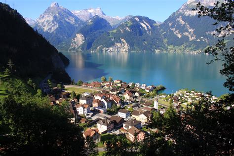 Scenery Switzerland Mountains Morschach Cities Lakes Wallpaper