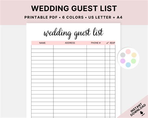 Printable Wedding Guest List Wedding Planner Event Planning Etsy Canada