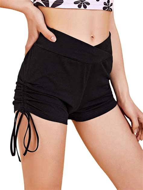 Shein Women S Overlap Waist Drawstring Ruched Workout Sports Biker Shorts Black X Large At