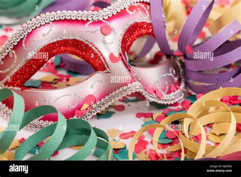 Carnival Venetian Mask With Confetti And Serpentine Streamers Stock