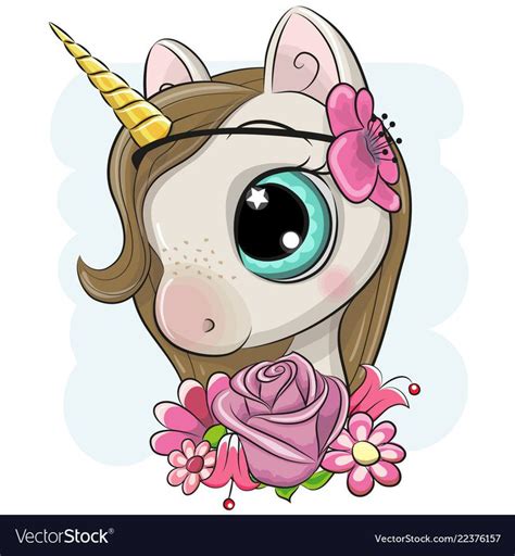 Cartoon Unicorn With Flowers On A Blue Background Vector Image On