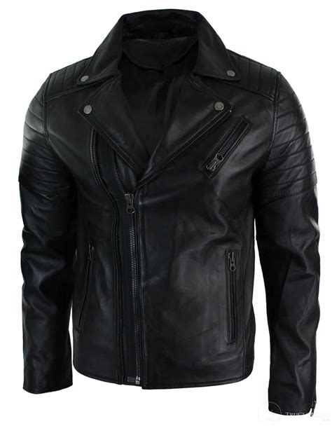 Real Leather Slim Fit Cross Zip Retro Vintage Brando Mens Jacket